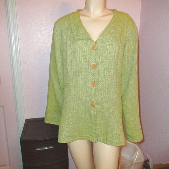 FLAX Cross Weave Linen Top Size L Tunic Tweed Button Up V-Neck Lagenlook Artsy - Picture 1 of 10